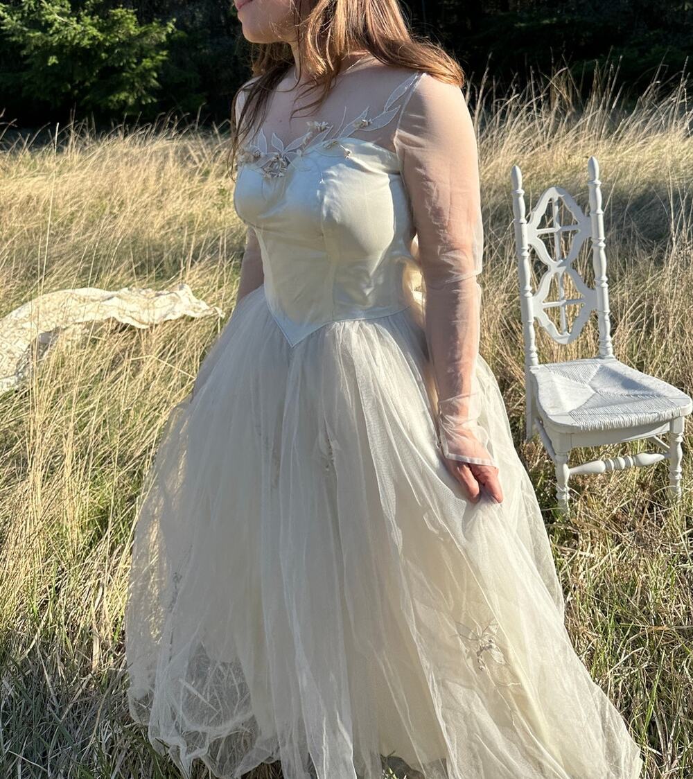 A Maurer Original Women's XS Dress Ivory Wedding Tulle Floral Edwardian Vintage